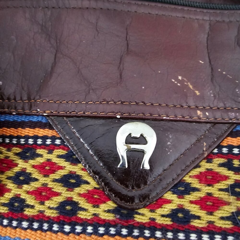 Aigner Brown Tapestry Leather Southwestern Handbag Boho Distressed Retro - Picture 10 of 11